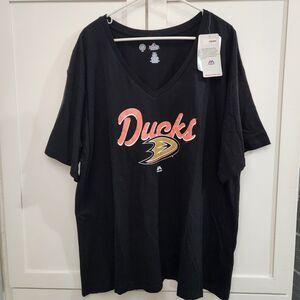 Majestic NHL Anaheim Ducks Womens 2X Hockey Black Short Sleeve Shirt Glitter NEW